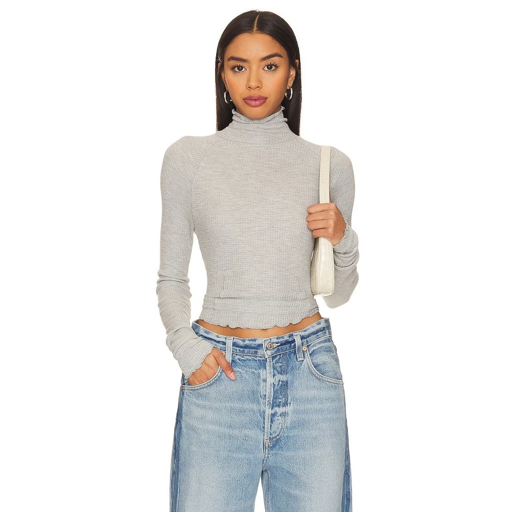 Free People Make It Easy Thermal Heather Ruffled Long Sleeve Top Grey Size M NWT